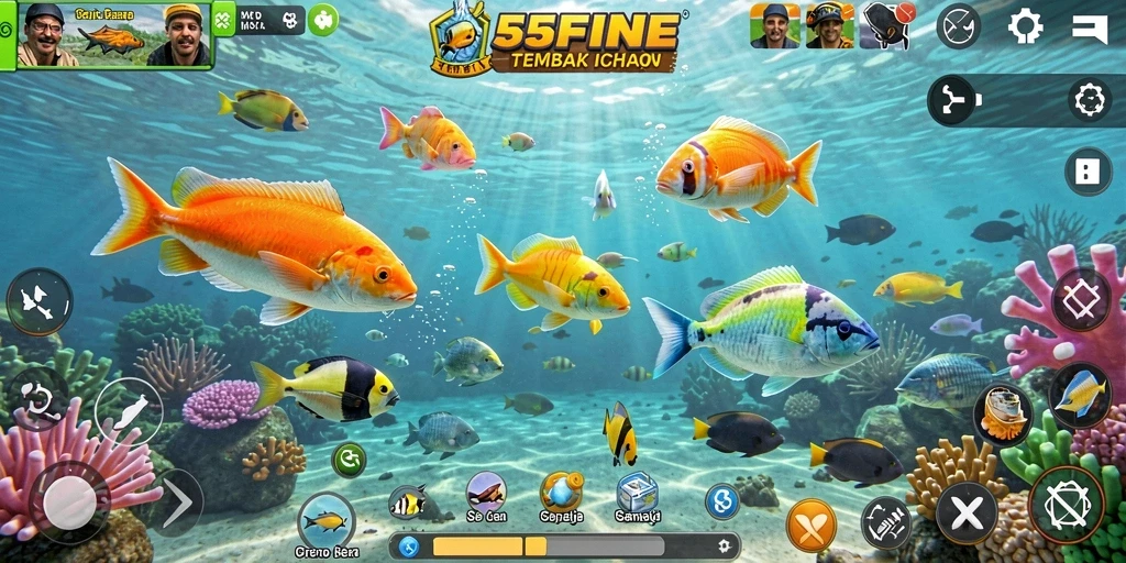 Gameplay seru 55FIVE dengan berbagai ikan yang menunggu untuk ditangkap.