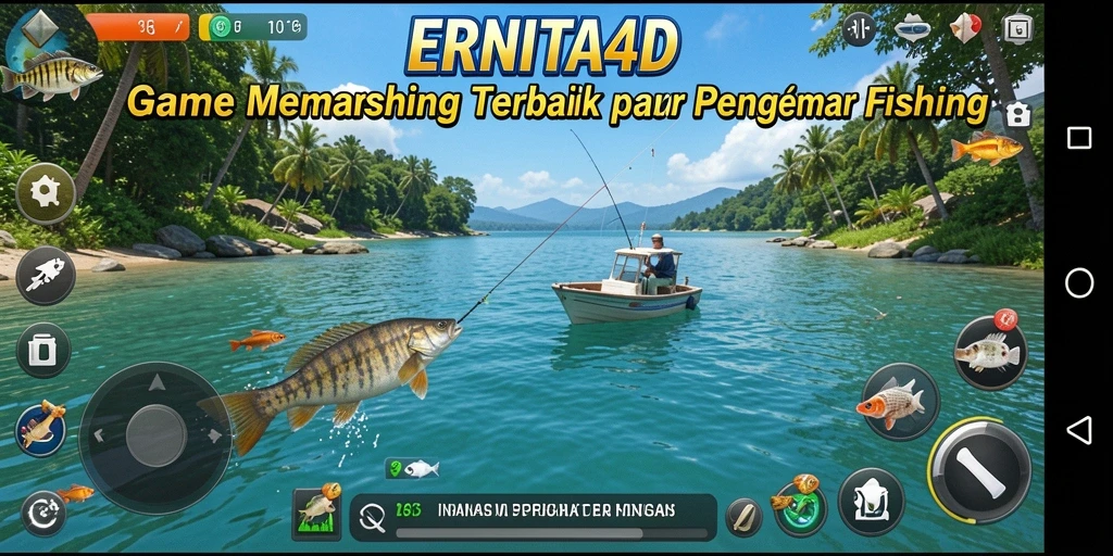 Screenshot gameplay ERNITA4D menampilkan aksi memancing yang seru di lautan.