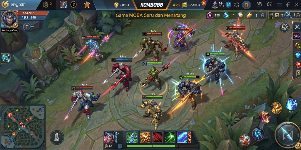 Screenshot aksi seru di KOMBO88 dengan gameplay MOBA yang mendebarkan.