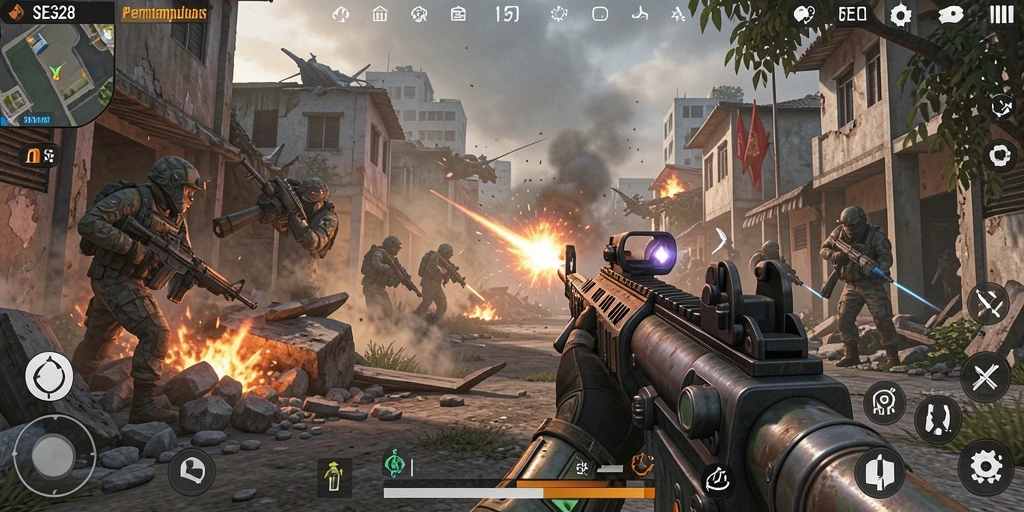 Screenshot SE328 menunjukkan aksi pertempuran intens dalam game FPS.
