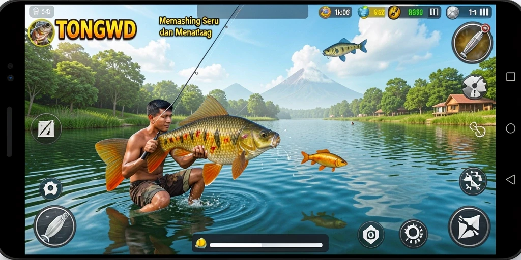 Tampilan gameplay TONGWD yang menakjubkan saat memancing ikan.