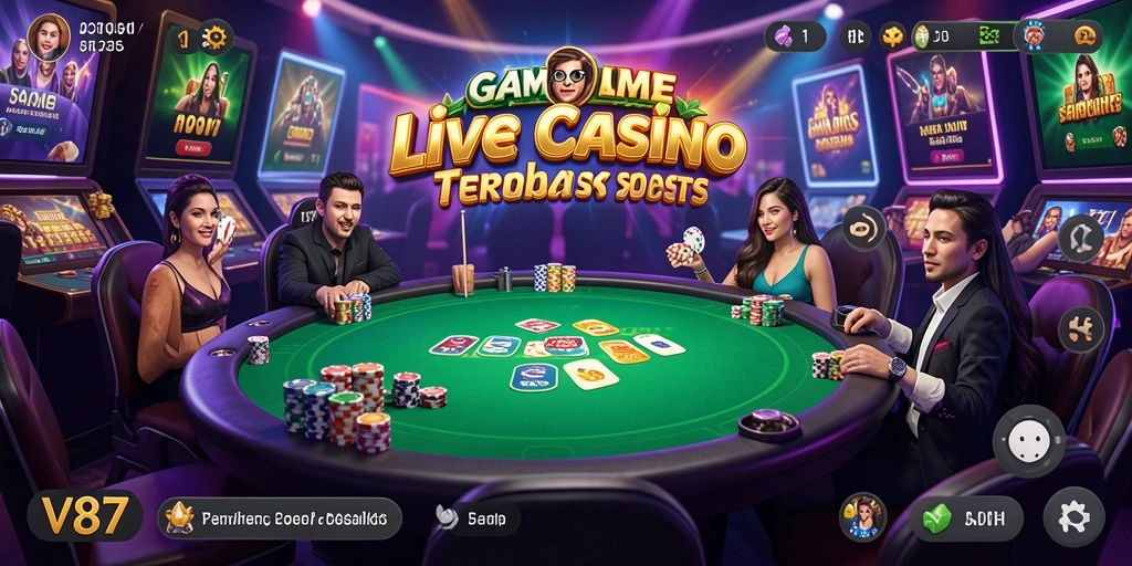 Screenshot V87 menampilkan dealer profesional dan permainan kasino langsung.